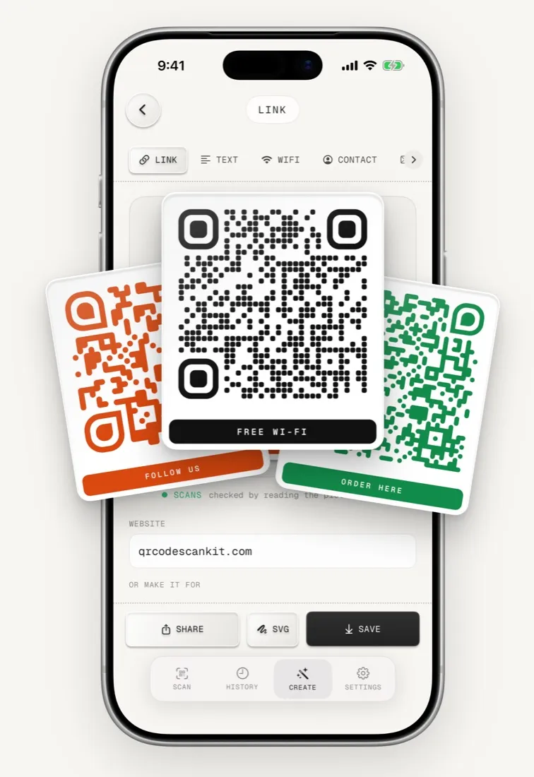 QR code generator in QR Code Scan Kit making branded QR codes for Wi-Fi, Instagram and orders
