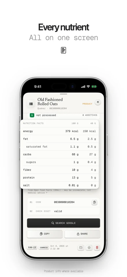 Every nutrient of a product on one screen
