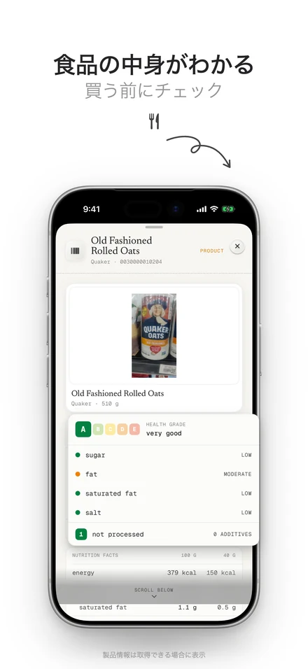食品のバーコードを読み取り、健康グレードを表示