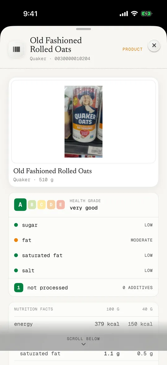A food barcode result with the health grade and nutrition facts