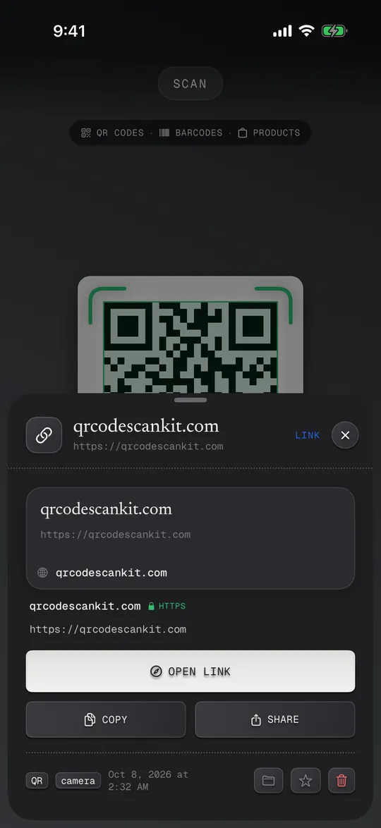 A scanned link showing the real web address and an Open link button