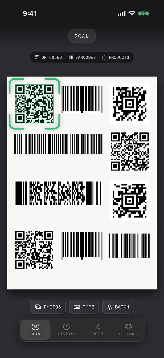 QR Code Scan Kit scanning a sheet of QR codes and barcodes