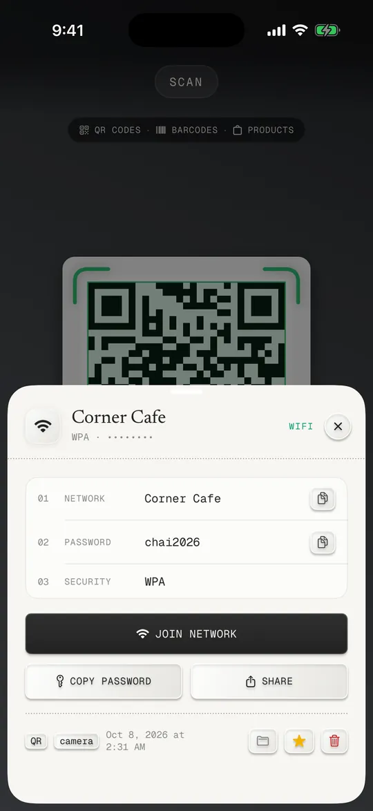 A scanned Wi-Fi QR code showing the network, password and a Join network button